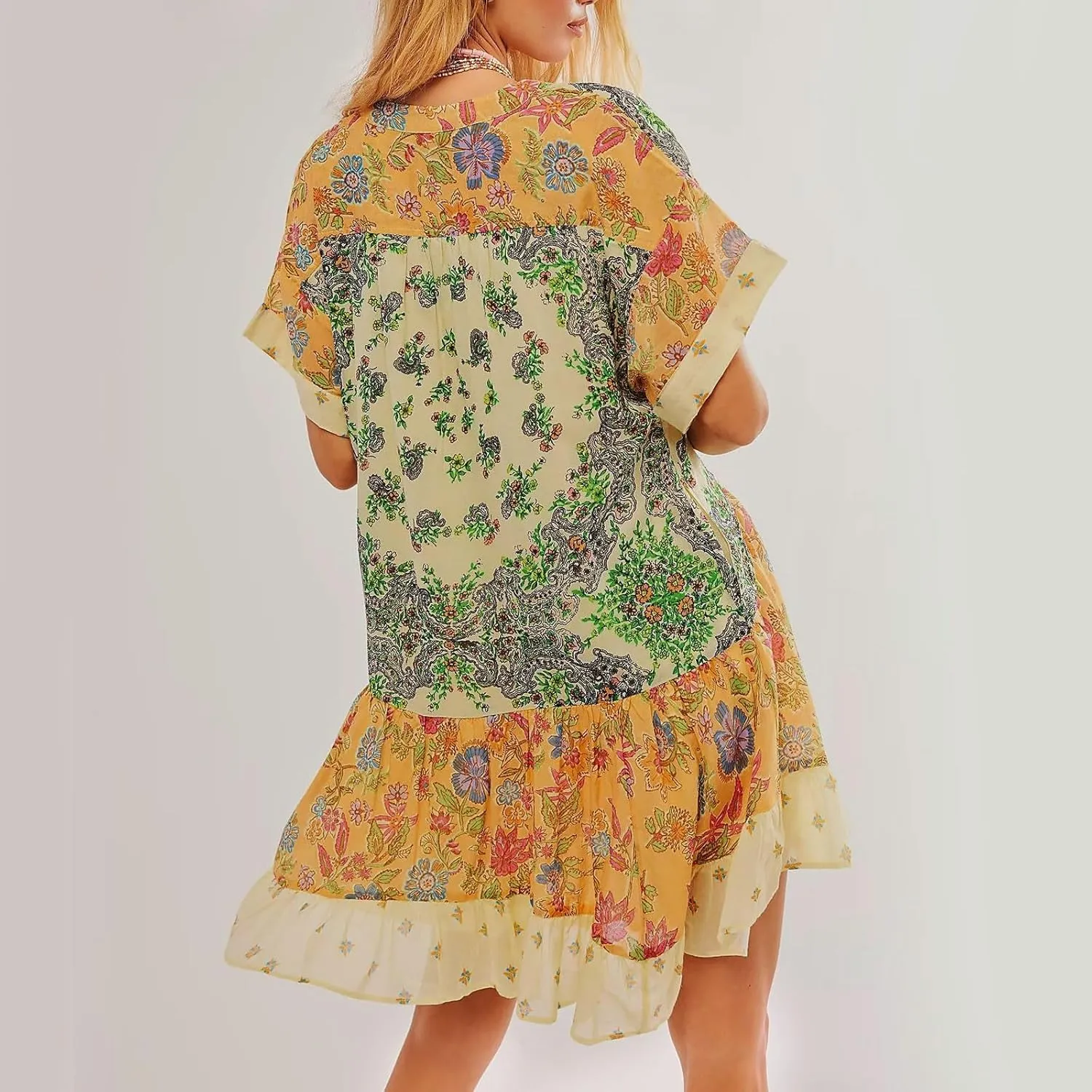 Dresses for Women 2024 Summer Short Sleeve V Neck Casual Beach Mini A-Line Ruffle Flowy Dress