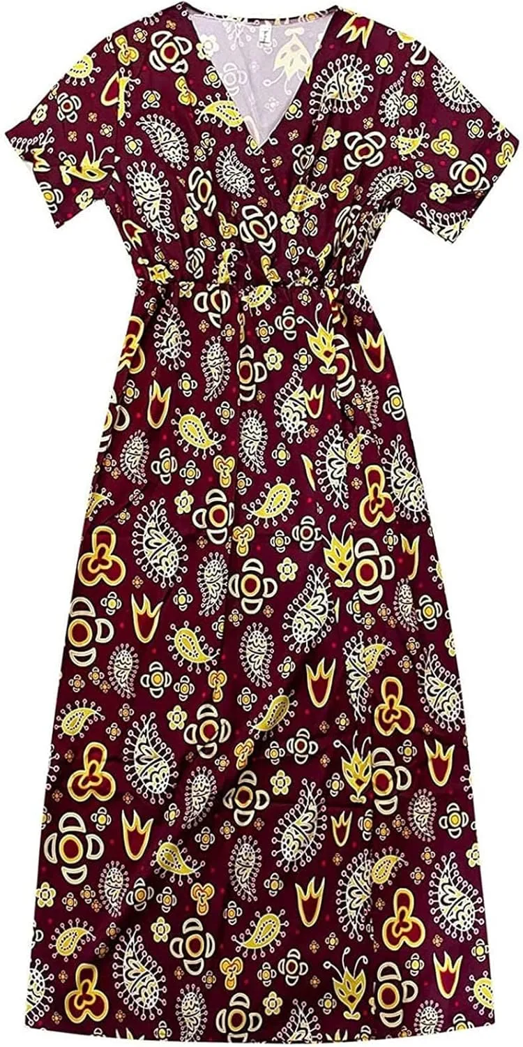 Dresses for Women 2025 Summer Wrap Maxi Dress Casual Boho Floral V Neck Short Sleeve Split Beach Long Dresses