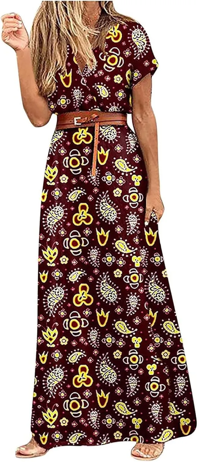 Dresses for Women 2025 Summer Wrap Maxi Dress Casual Boho Floral V Neck Short Sleeve Split Beach Long Dresses