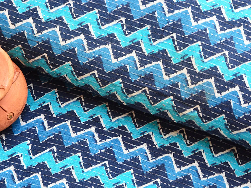 Dual Blue Chevron Pure Cotton Kantha Fabric