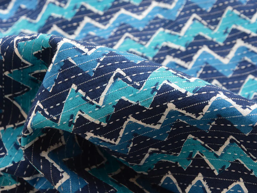 Dual Blue Chevron Pure Cotton Kantha Fabric