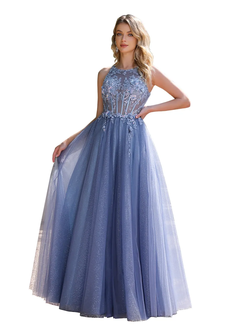 Dusty Blue Long A-line Crew Neck Tulle Floor Length Prom Dress with Appliques Lace