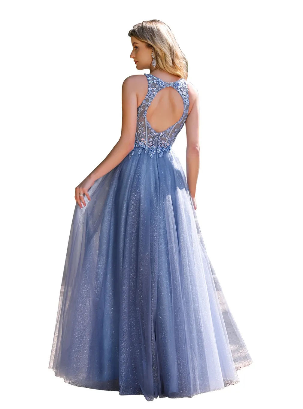 Dusty Blue Long A-line Crew Neck Tulle Floor Length Prom Dress with Appliques Lace