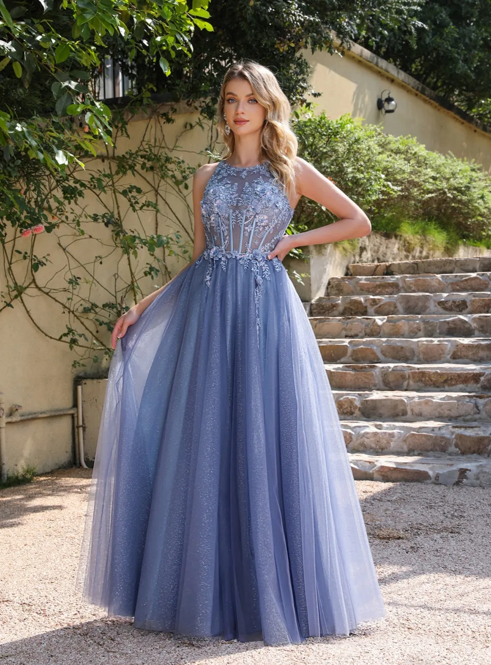 Dusty Blue Long A-line Crew Neck Tulle Floor Length Prom Dress with Appliques Lace