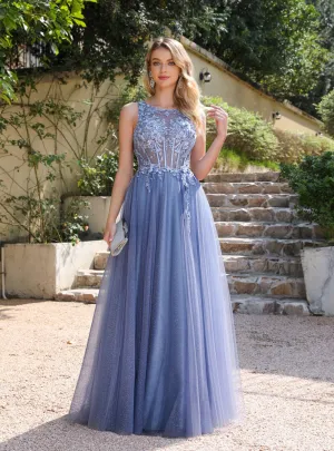Dusty Blue Long A-line Crew Neck Tulle Floor Length Prom Dress with Appliques Lace