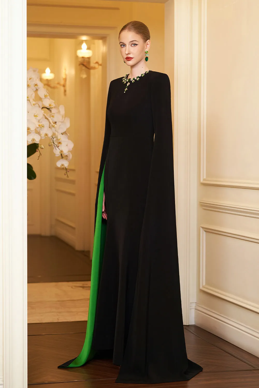 Eleanor Trumpet Hanging Sleeved Silk Crepe Floor Length Dress