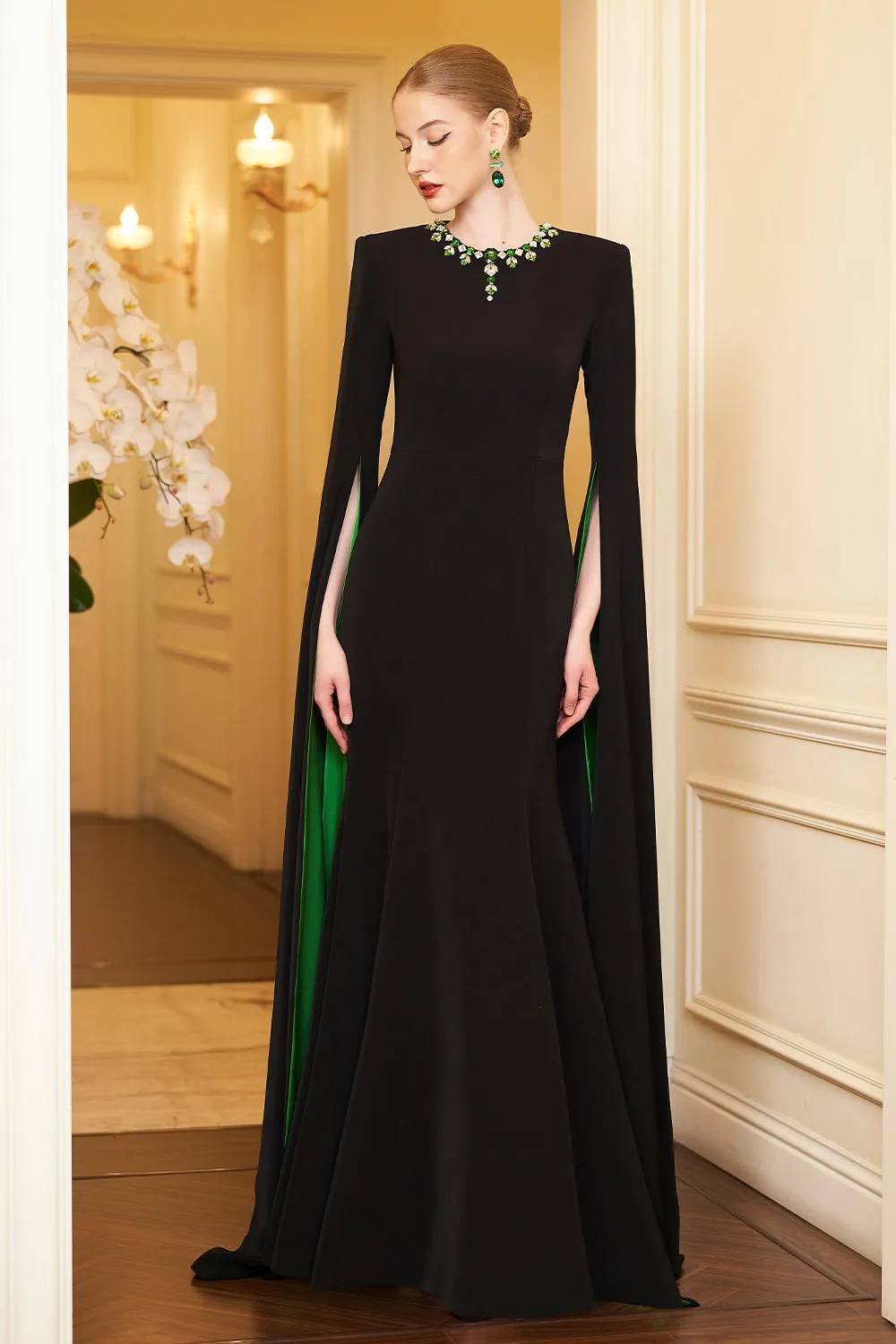 Eleanor Trumpet Hanging Sleeved Silk Crepe Floor Length Dress