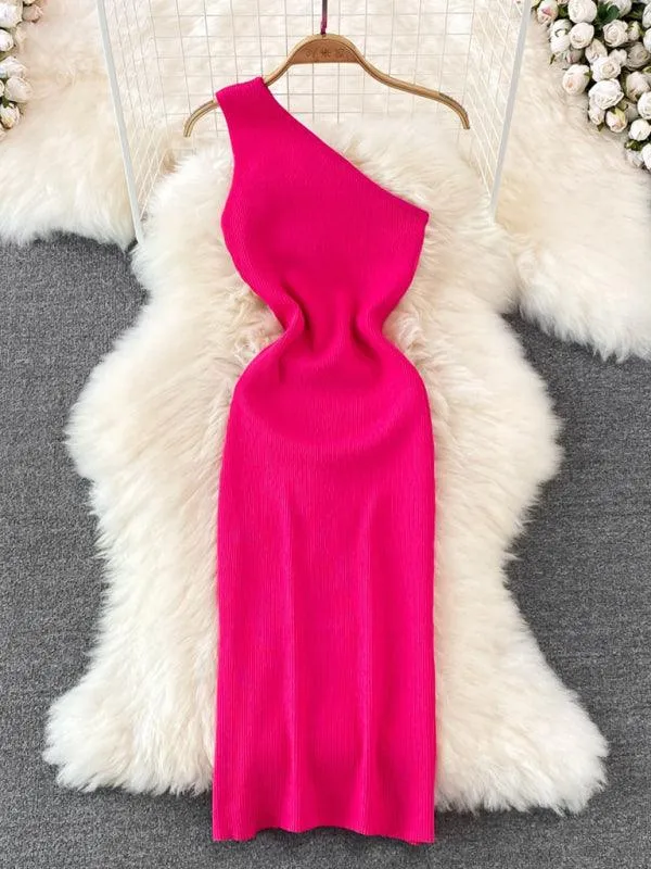 Elegant Asymmetrical Off-Shoulder Knit Dress for a Flattering Silhouette
