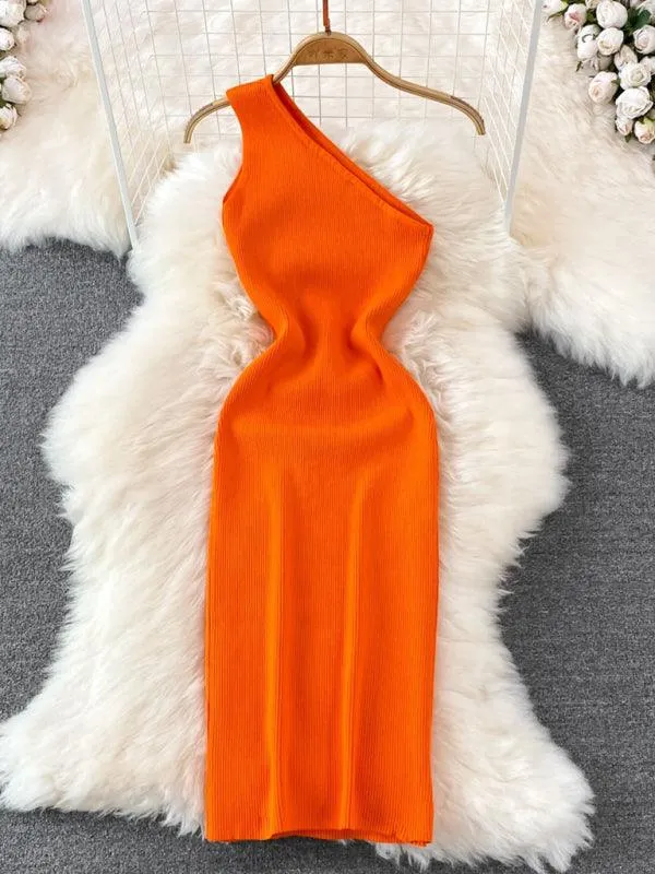 Elegant Asymmetrical Off-Shoulder Knit Dress for a Flattering Silhouette
