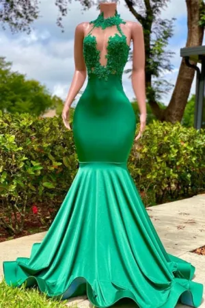 Elegant Halter Sleeveless A-line Stretch Satin Mermaid Prom Dresses
