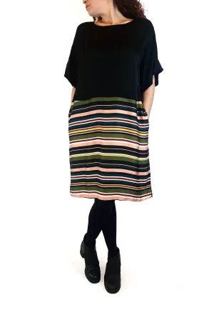 Elk silky feel dress with black upper, stripy skirt size 10 (as new with tags)