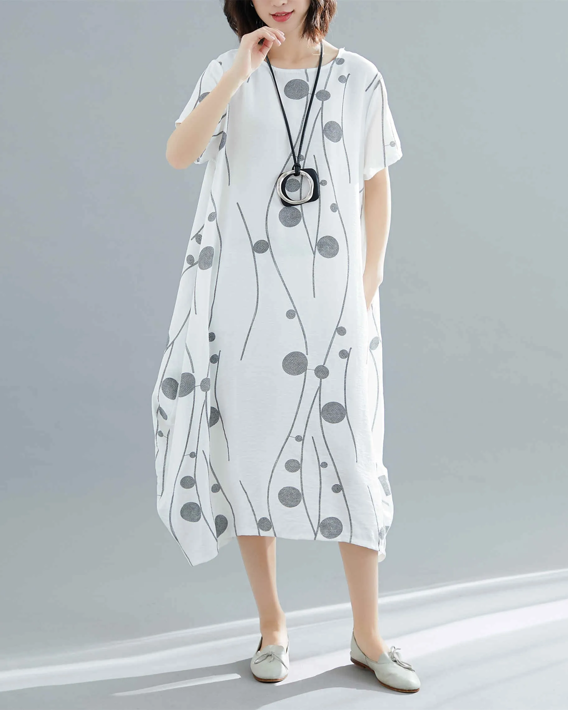 ellazhu Women Casual Loose Midi Short Sleeve Crewneck Dress GA2518