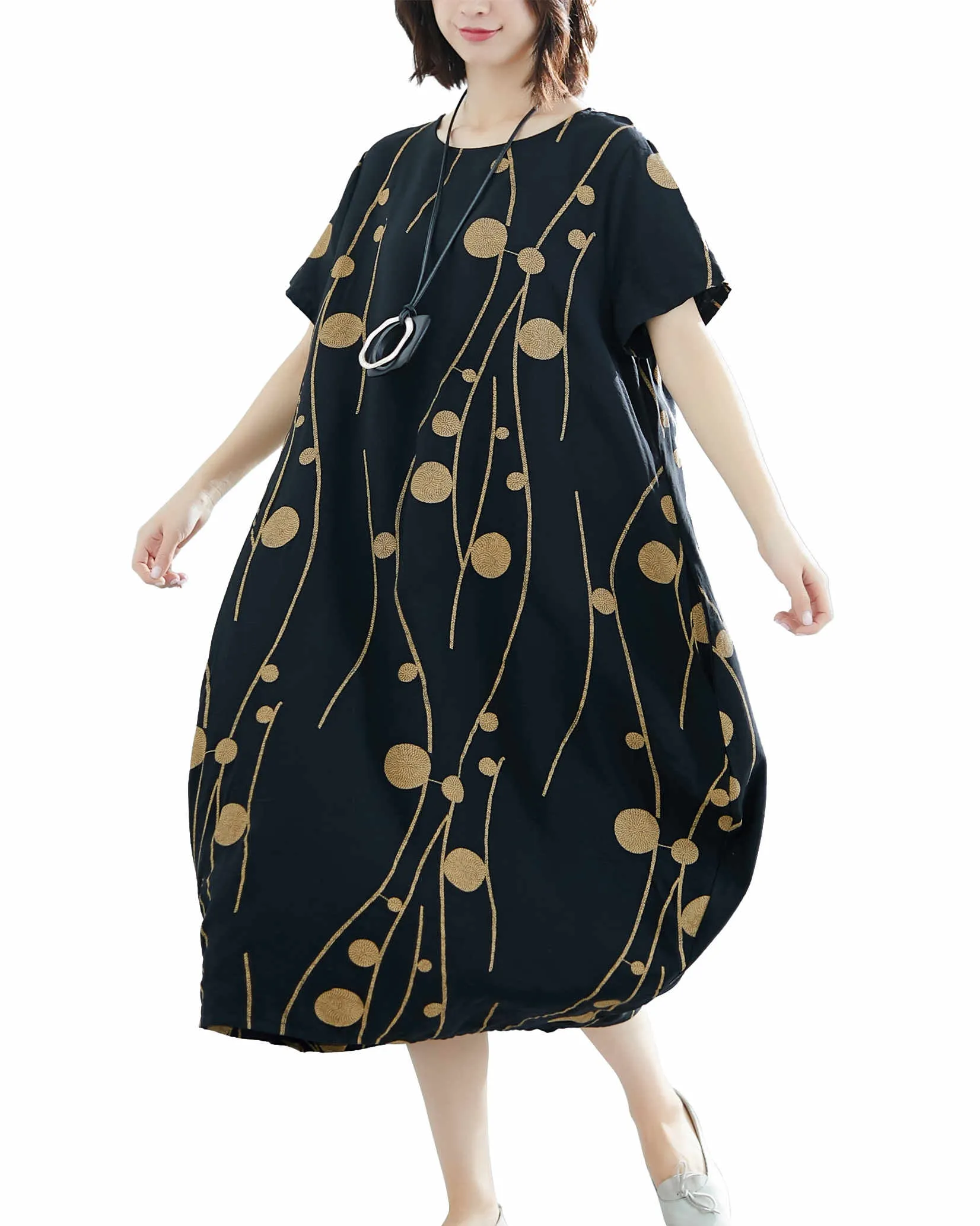ellazhu Women Casual Loose Midi Short Sleeve Crewneck Dress GA2518