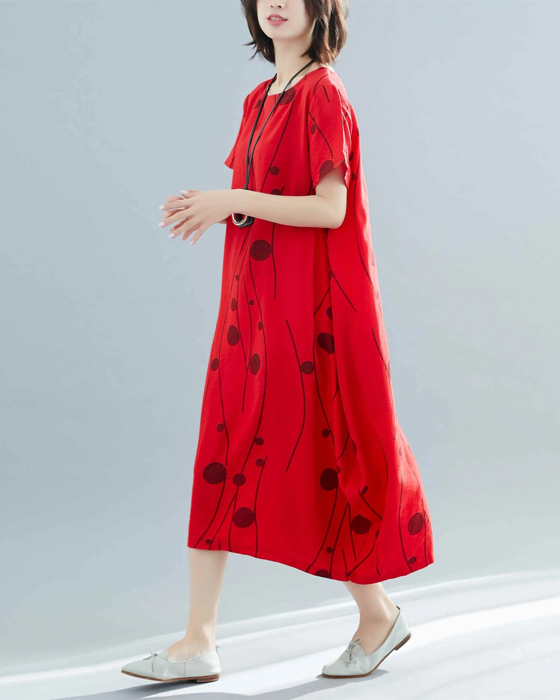 ellazhu Women Casual Loose Midi Short Sleeve Crewneck Dress GA2518