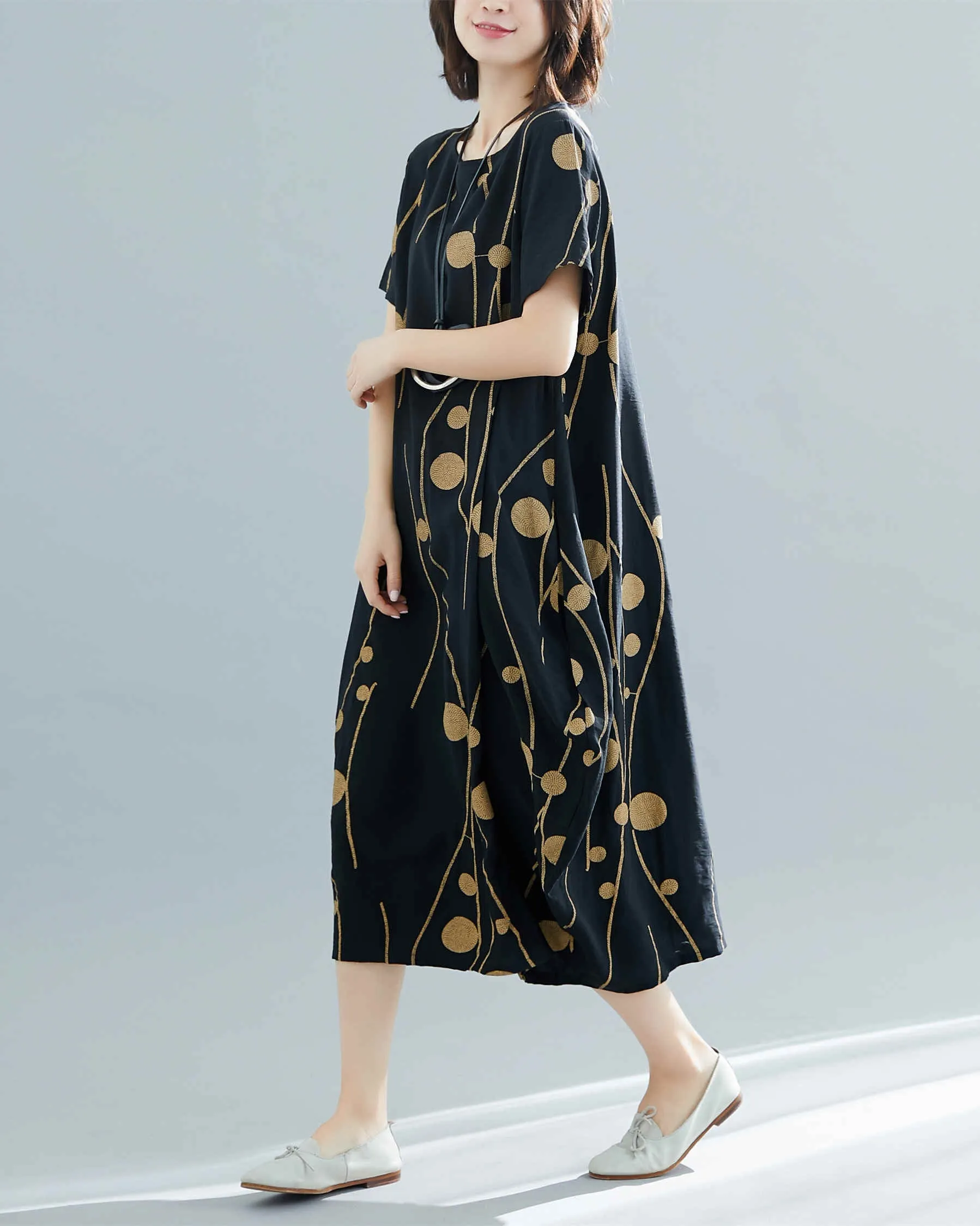 ellazhu Women Casual Loose Midi Short Sleeve Crewneck Dress GA2518