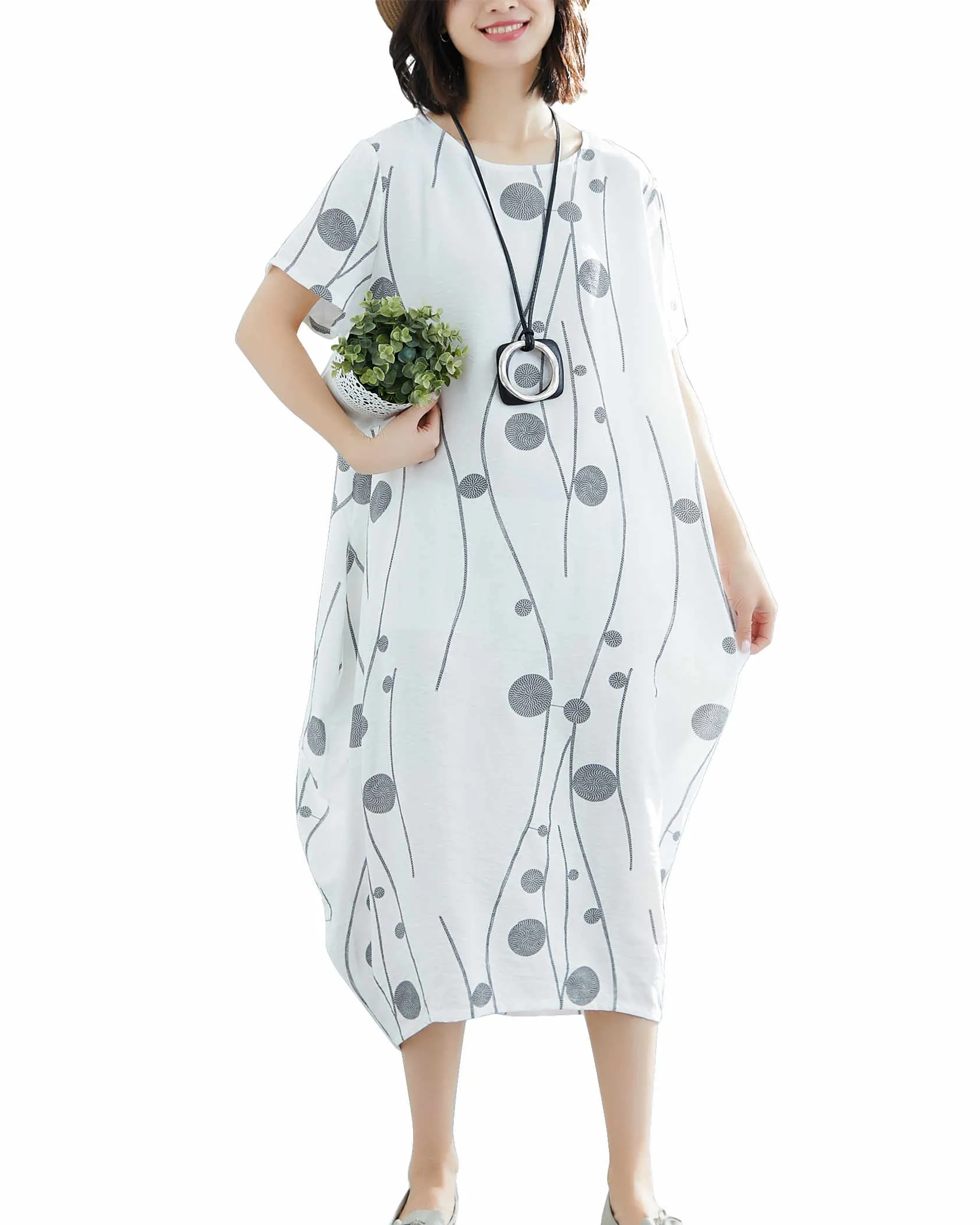 ellazhu Women Casual Loose Midi Short Sleeve Crewneck Dress GA2518