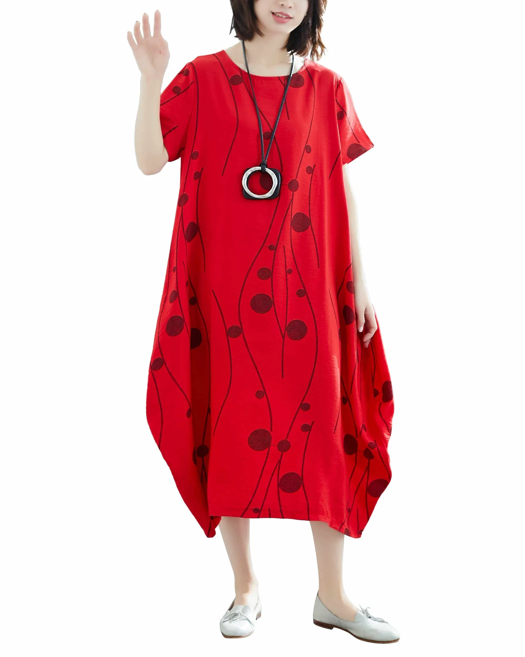 ellazhu Women Casual Loose Midi Short Sleeve Crewneck Dress GA2518