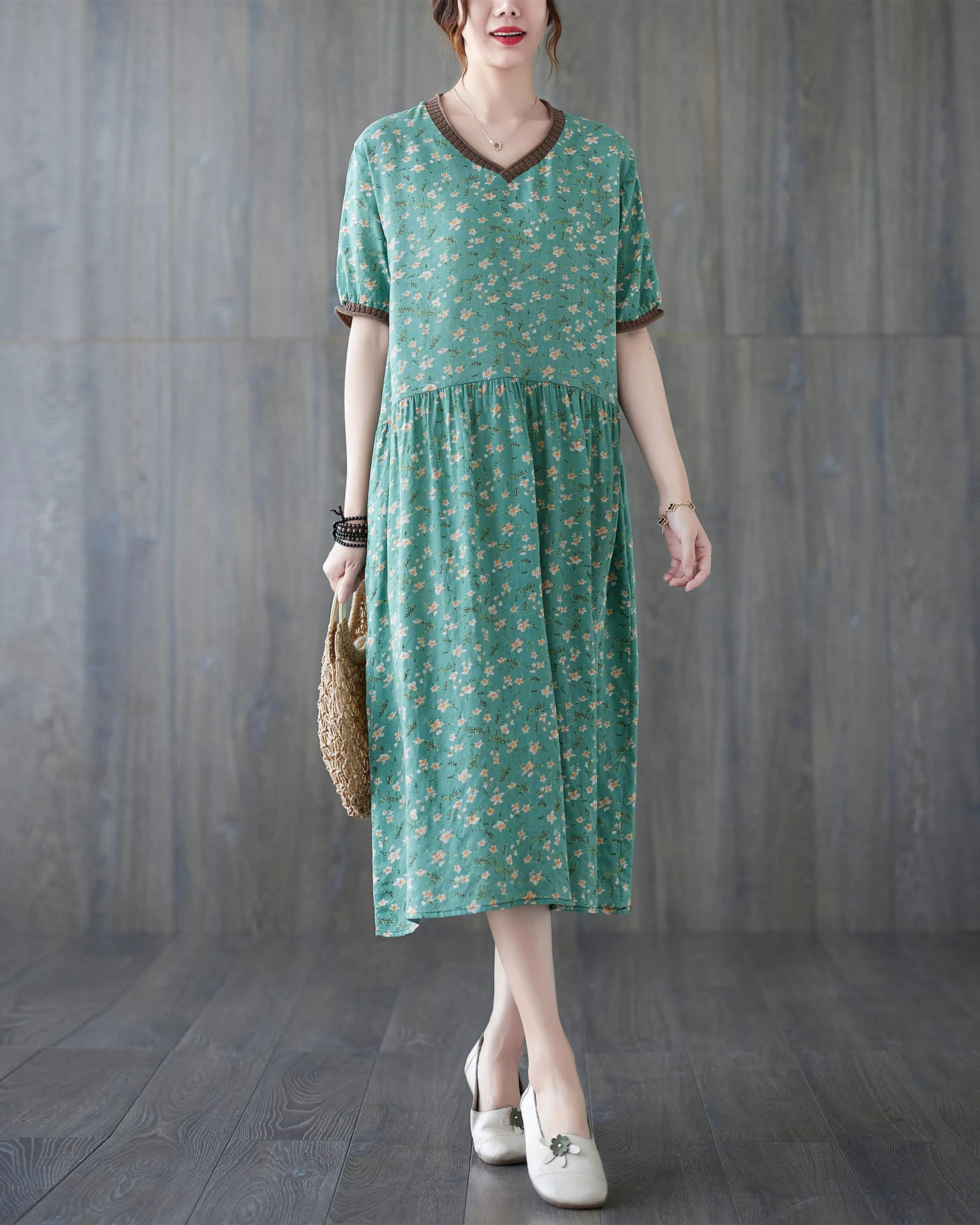ellazhu Womens Loose Casual V Neck Print Plaid Short Sleeve Midi Summer Dress GA2610