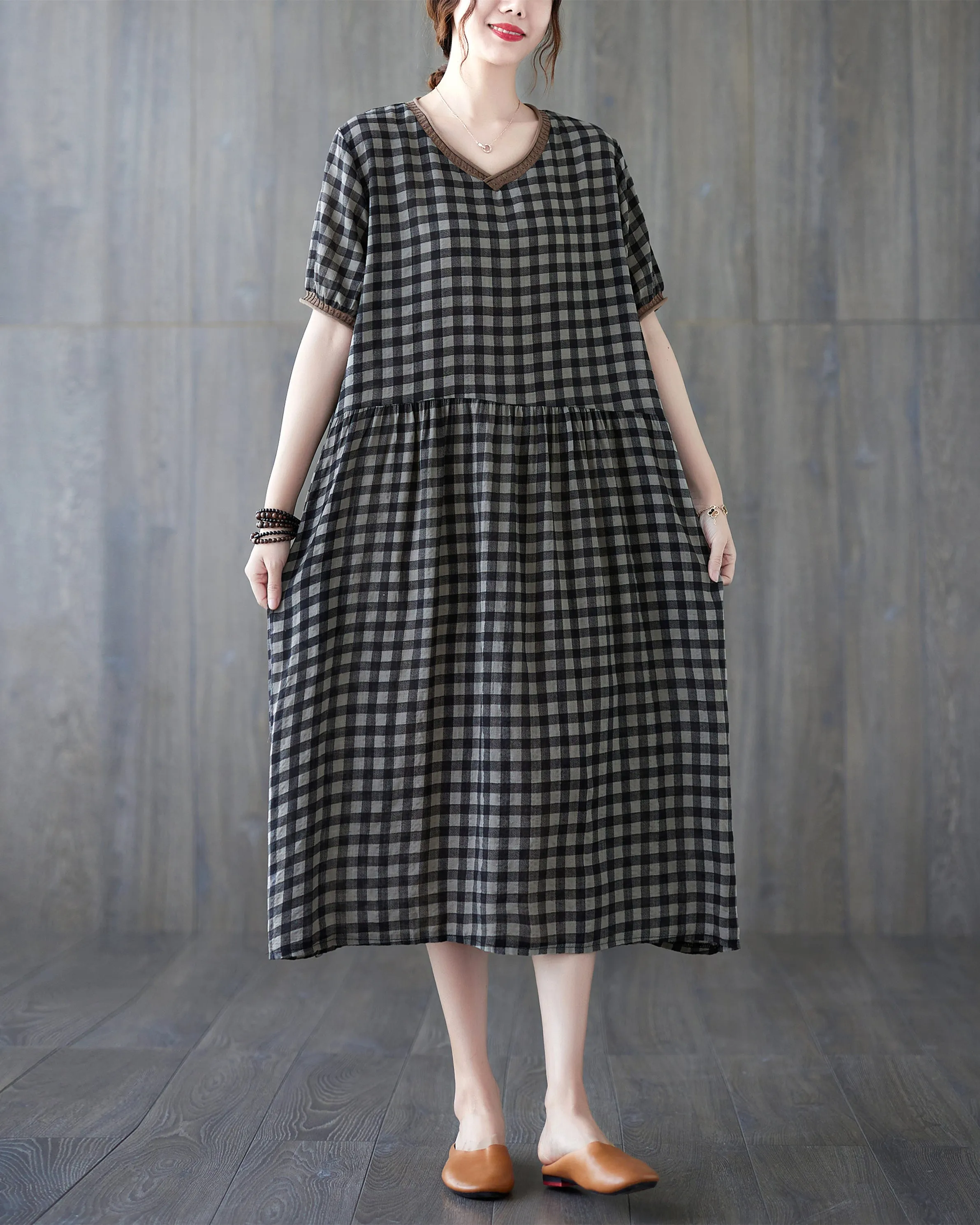 ellazhu Womens Loose Casual V Neck Print Plaid Short Sleeve Midi Summer Dress GA2610