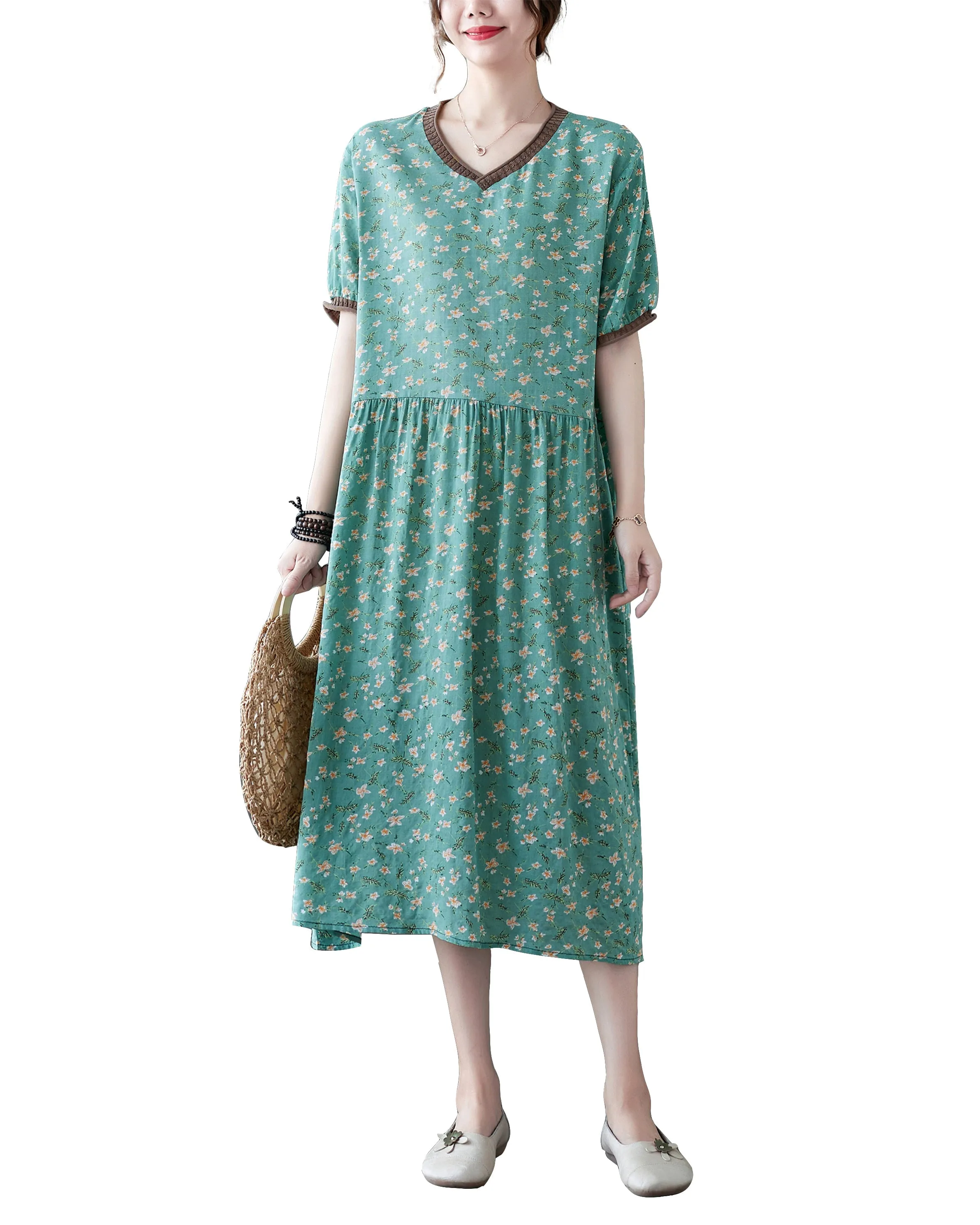 ellazhu Womens Loose Casual V Neck Print Plaid Short Sleeve Midi Summer Dress GA2610