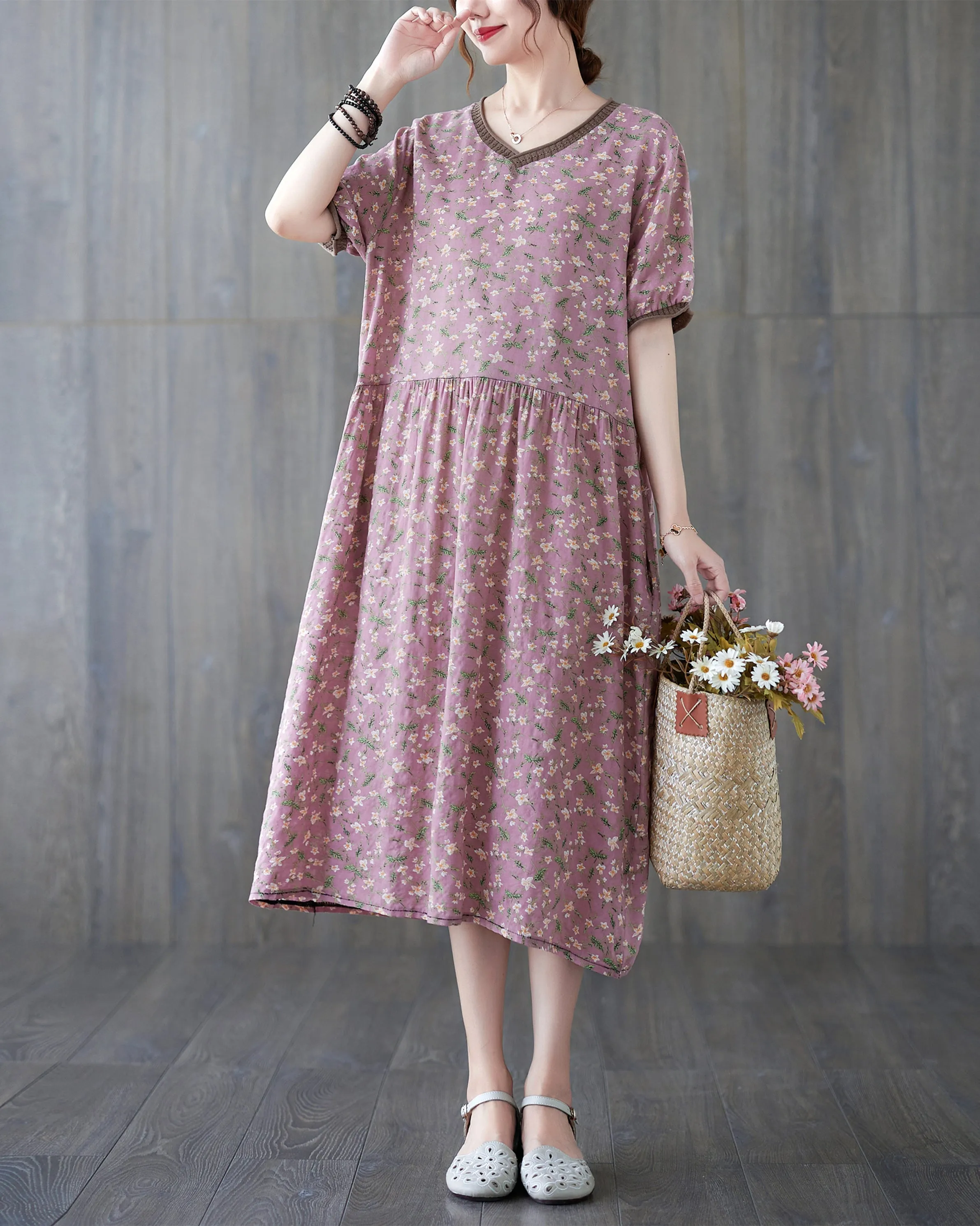 ellazhu Womens Loose Casual V Neck Print Plaid Short Sleeve Midi Summer Dress GA2610