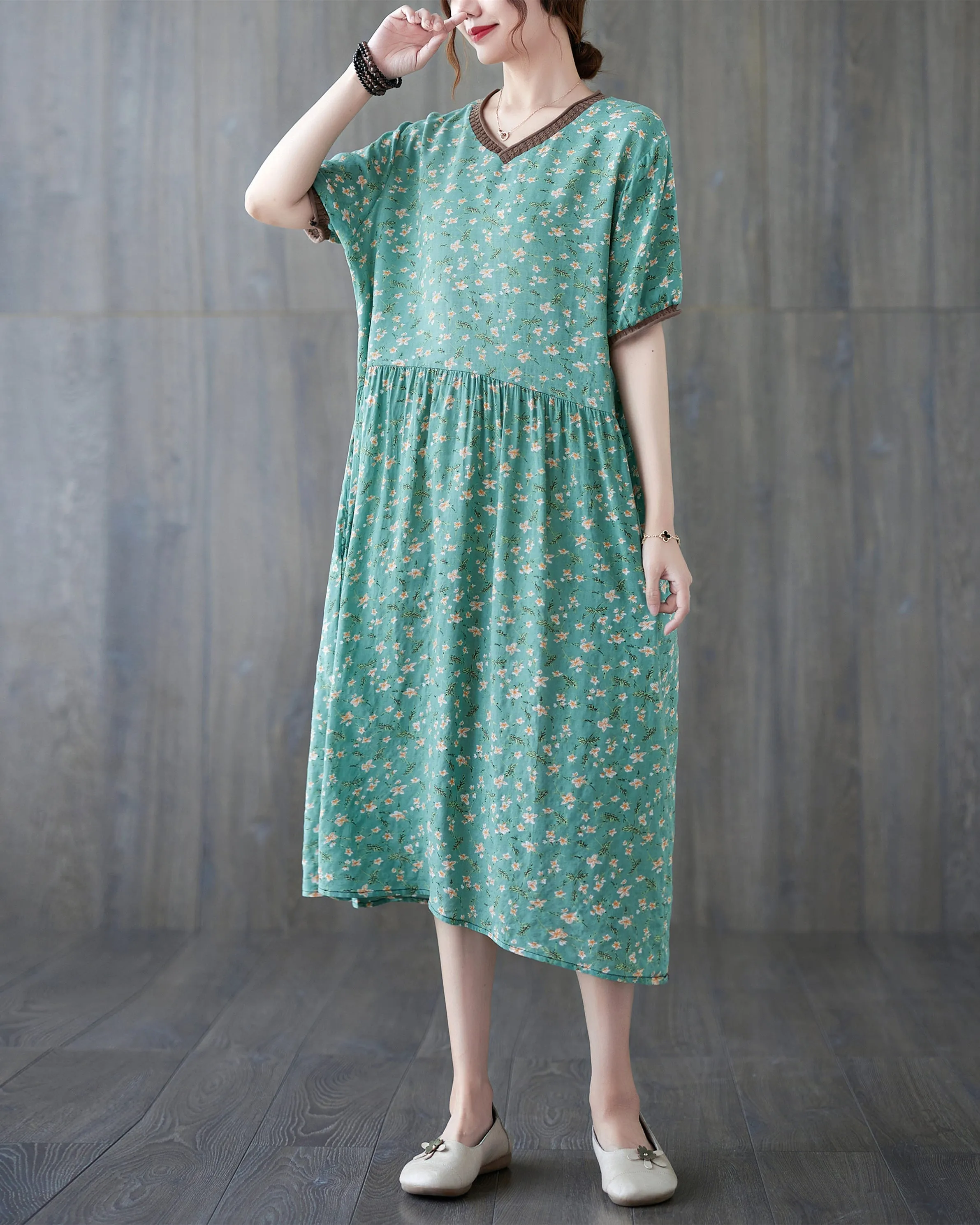 ellazhu Womens Loose Casual V Neck Print Plaid Short Sleeve Midi Summer Dress GA2610