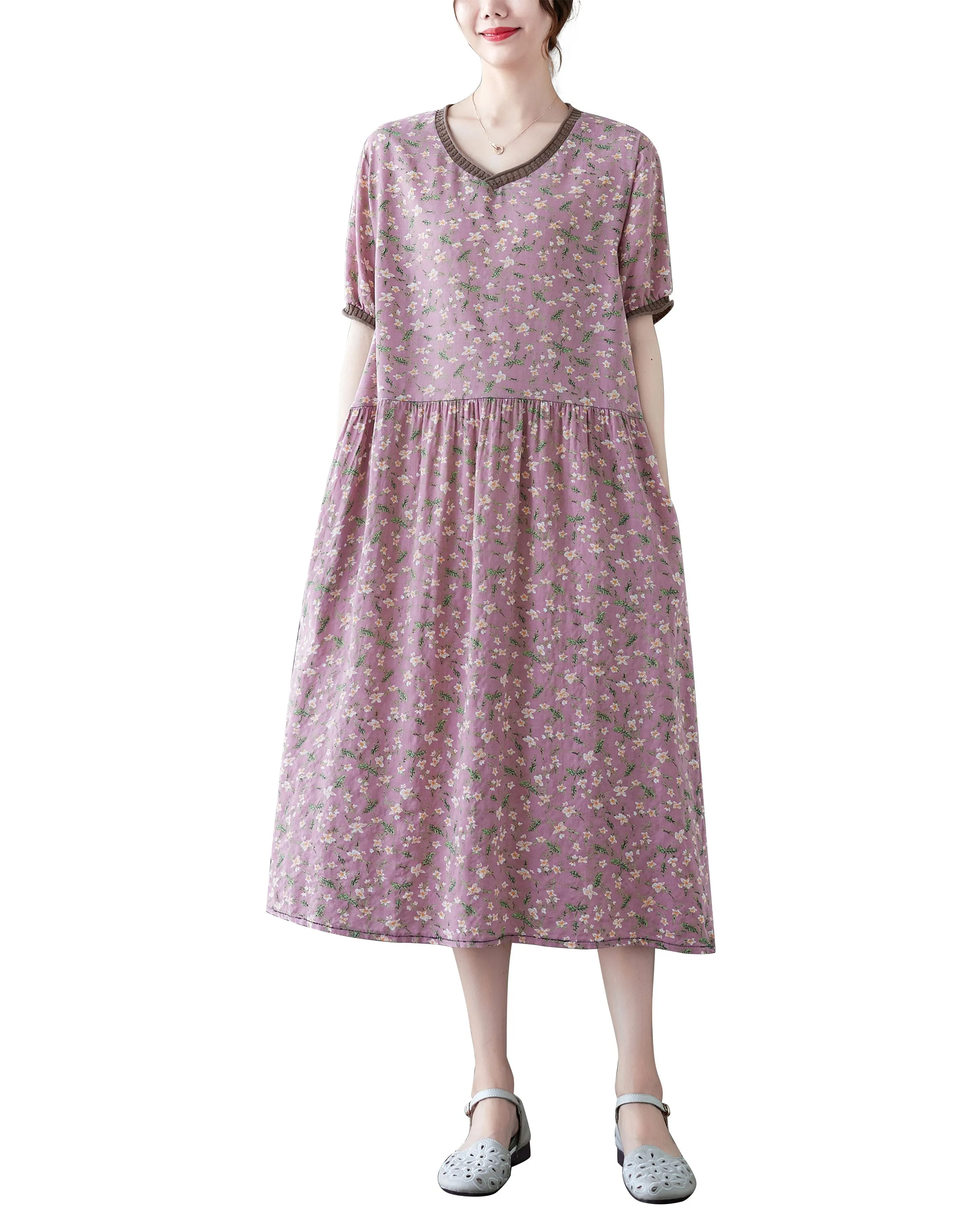 ellazhu Womens Loose Casual V Neck Print Plaid Short Sleeve Midi Summer Dress GA2610
