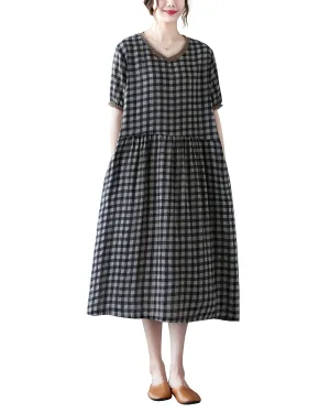 ellazhu Womens Loose Casual V Neck Print Plaid Short Sleeve Midi Summer Dress GA2610
