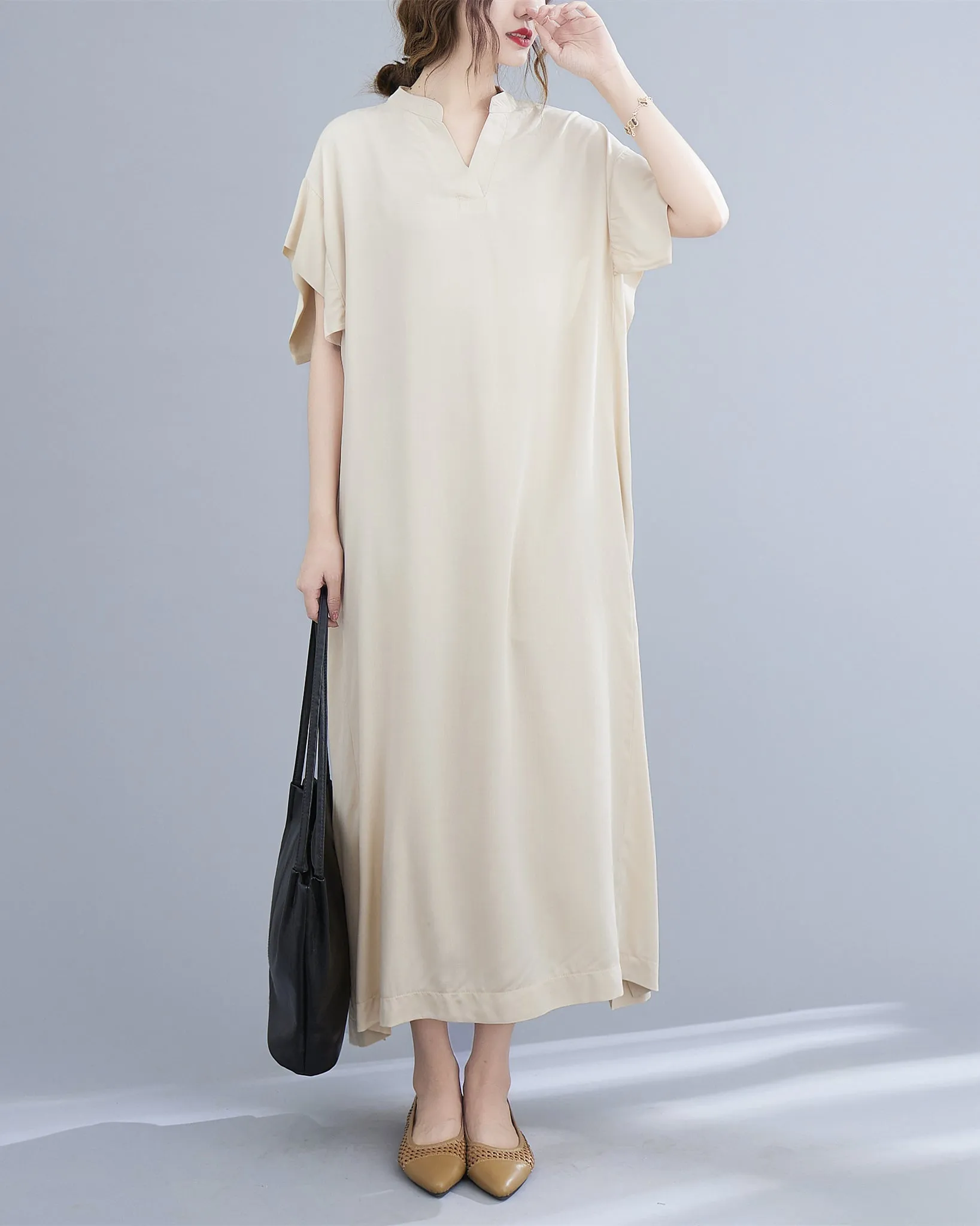 ellazhu Womens Loose Casual V Neck Short Sleeve Midi Summer Dress GA2607