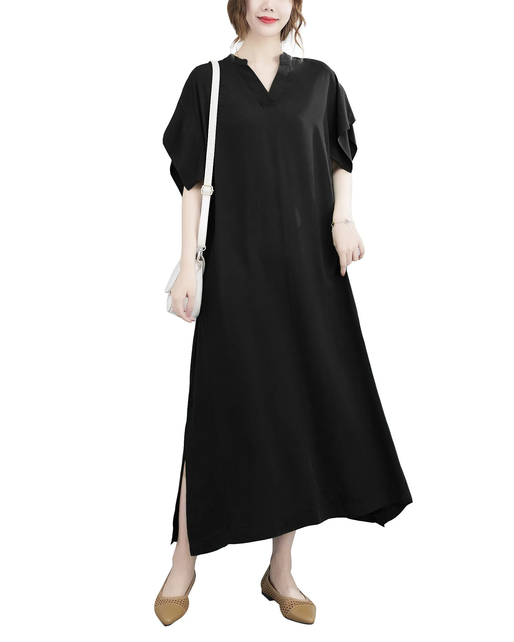 ellazhu Womens Loose Casual V Neck Short Sleeve Midi Summer Dress GA2607