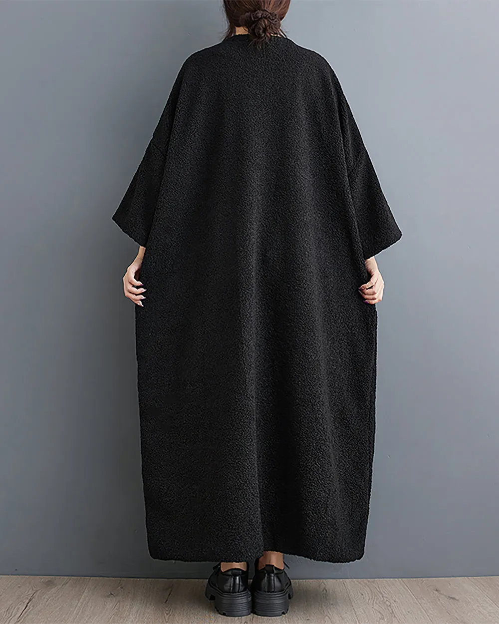 ellazhu Women's Maxi Dress V-Neck Long Sleeve Solid Black Color Flowy Hem Pattern Loose Oversize Fall GZ286