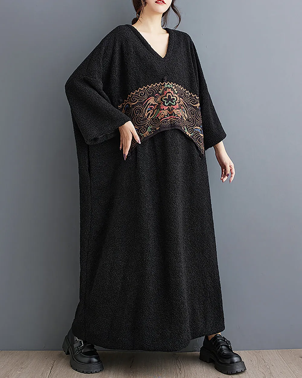 ellazhu Women's Maxi Dress V-Neck Long Sleeve Solid Black Color Flowy Hem Pattern Loose Oversize Fall GZ286