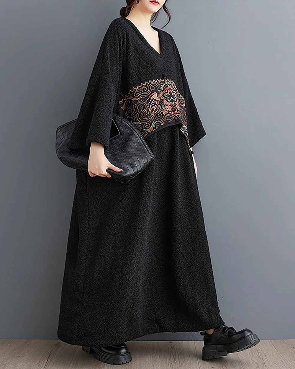 ellazhu Women's Maxi Dress V-Neck Long Sleeve Solid Black Color Flowy Hem Pattern Loose Oversize Fall GZ286