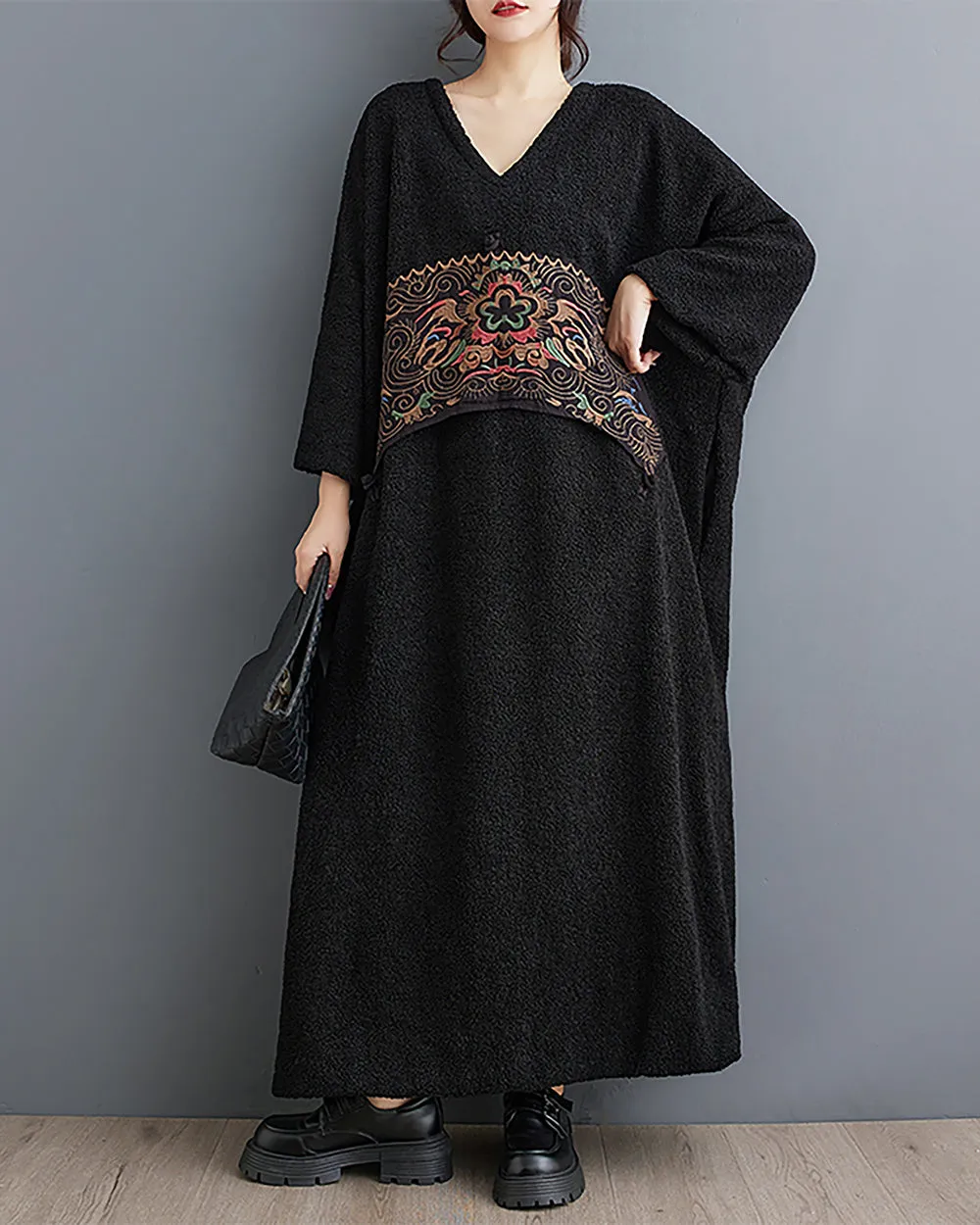 ellazhu Women's Maxi Dress V-Neck Long Sleeve Solid Black Color Flowy Hem Pattern Loose Oversize Fall GZ286