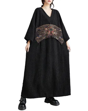 ellazhu Women's Maxi Dress V-Neck Long Sleeve Solid Black Color Flowy Hem Pattern Loose Oversize Fall GZ286