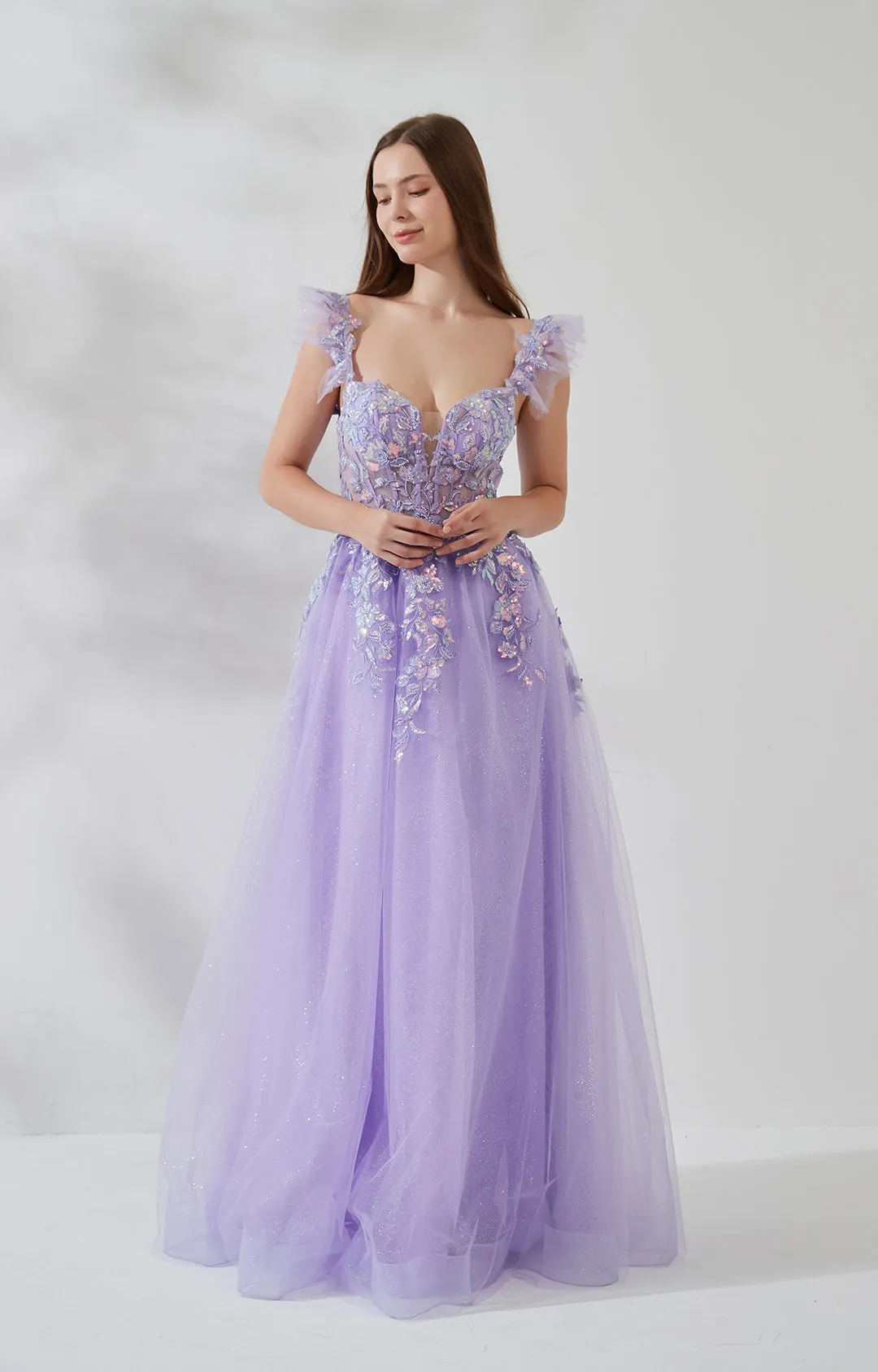 Flutter Sleeves Deep V-neck Lace Sequin Floor-length Prom Dress