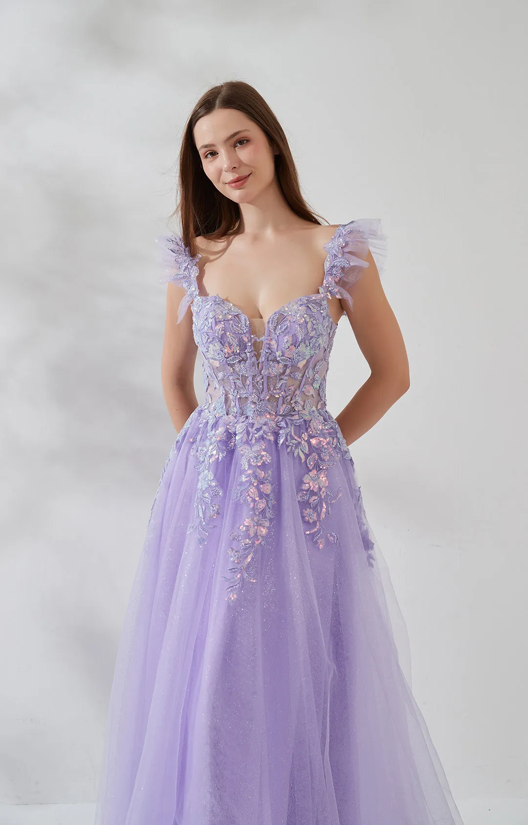 Flutter Sleeves Deep V-neck Lace Sequin Floor-length Prom Dress