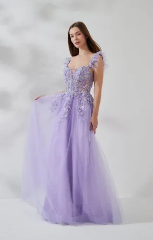 Flutter Sleeves Deep V-neck Lace Sequin Floor-length Prom Dress