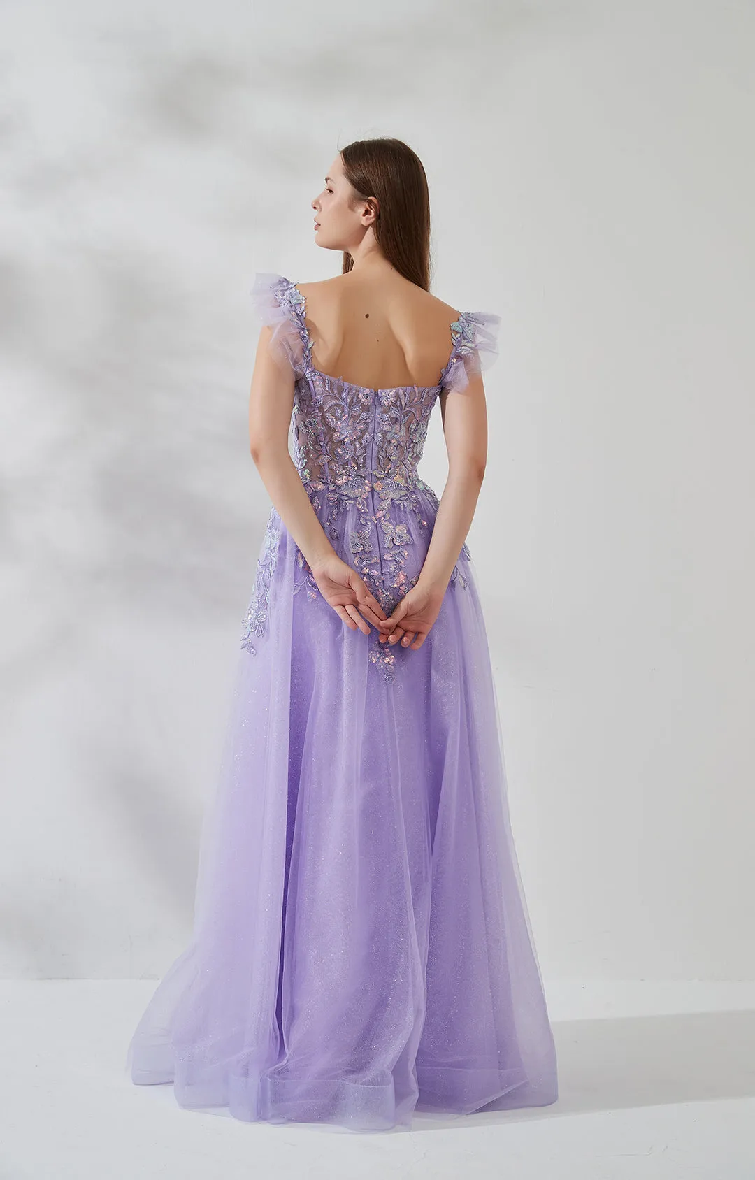 Flutter Sleeves Deep V-neck Lace Sequin Floor-length Prom Dress