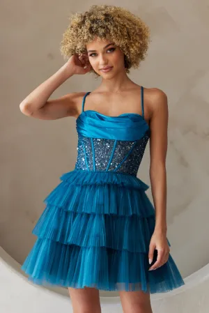 FORMAL MINI JEWEL EMBELLISHED COCKTAIL DRESS W/ LACE UP BACK & SWEETHEART NECK