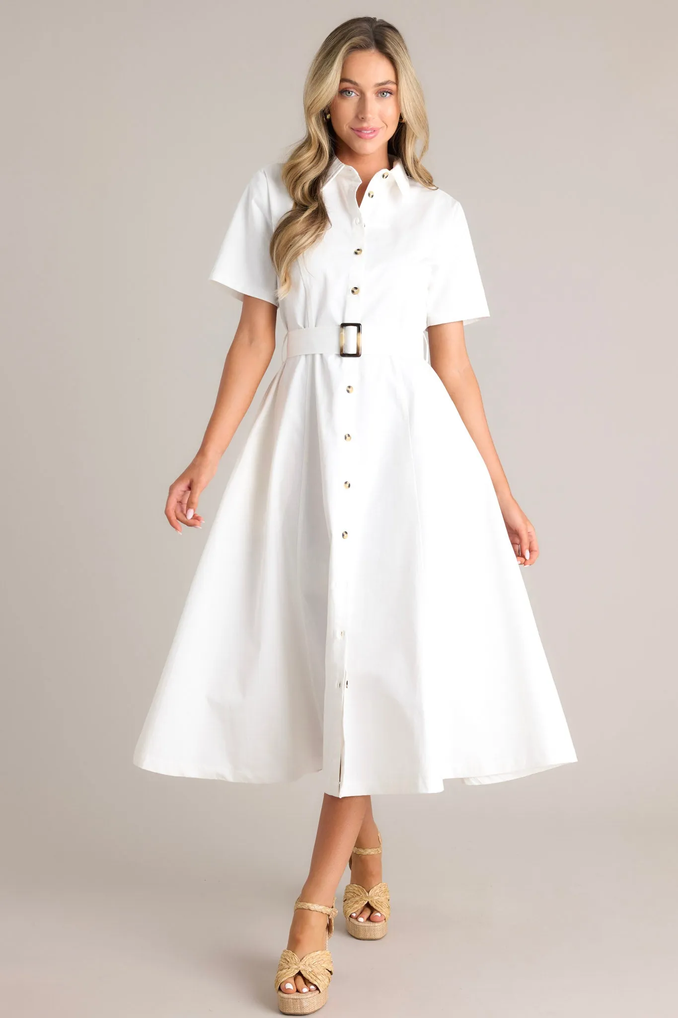 Front and Center White Button Front Midi Dress