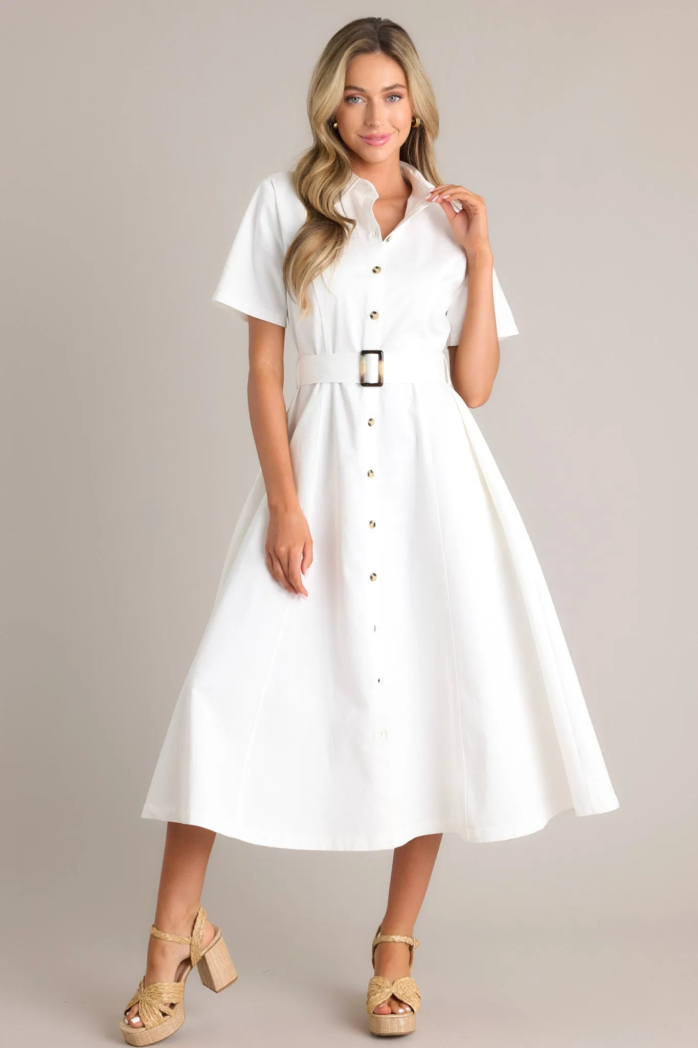 Front and Center White Button Front Midi Dress
