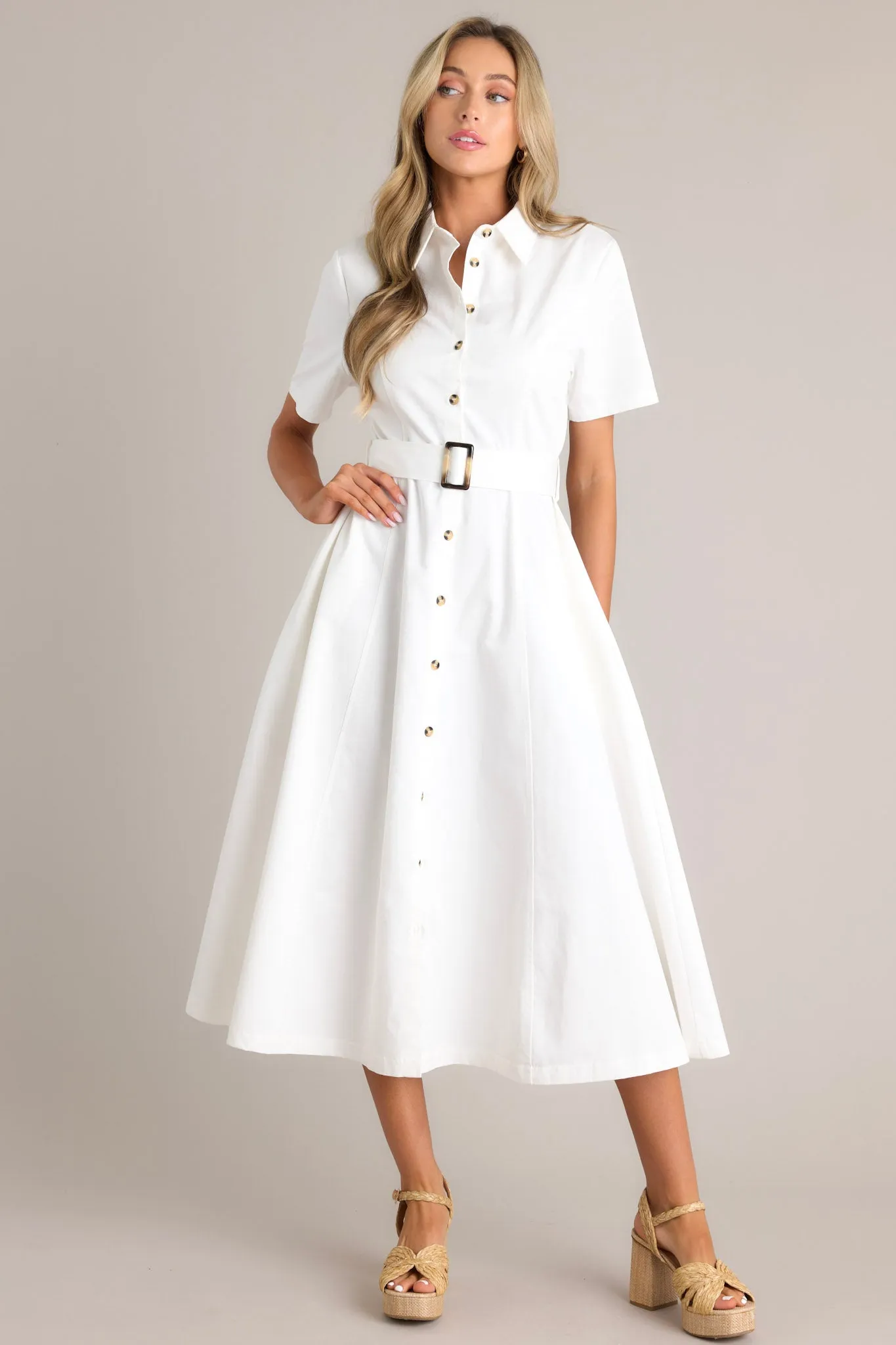 Front and Center White Button Front Midi Dress