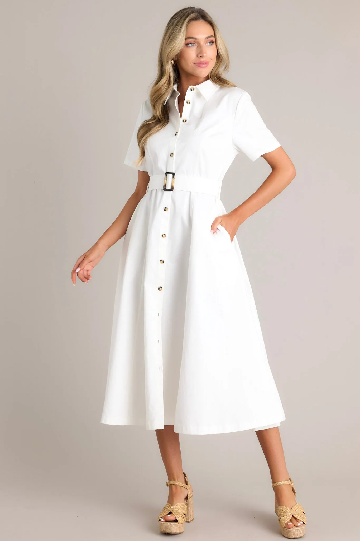 Front and Center White Button Front Midi Dress