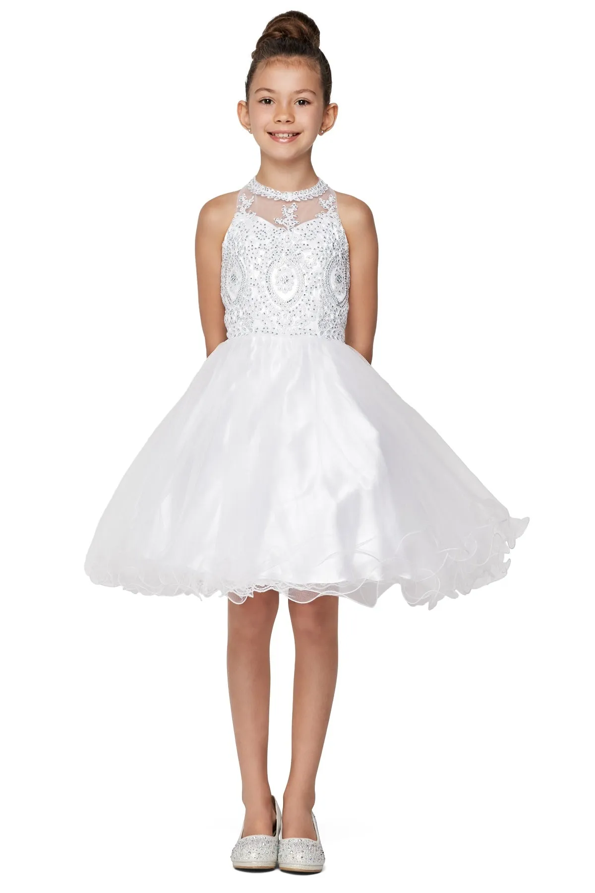Girls Illusion Halter Neck Sweetheart Beaded Bodice Tulle Flower Girl Junior Bridesmaid Dress, Sizes 4-16