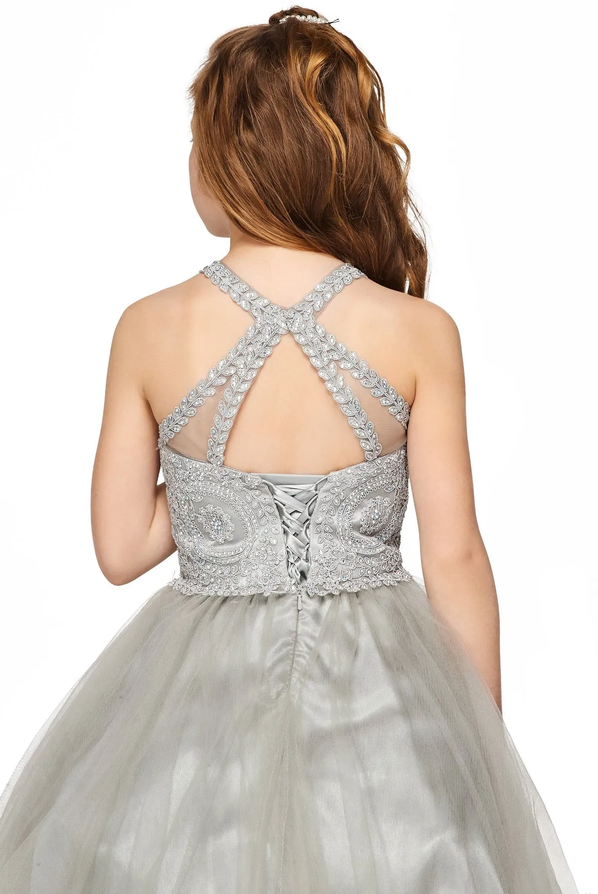 Girls Illusion Halter Neck Sweetheart Beaded Bodice Tulle Flower Girl Junior Bridesmaid Dress, Sizes 4-16