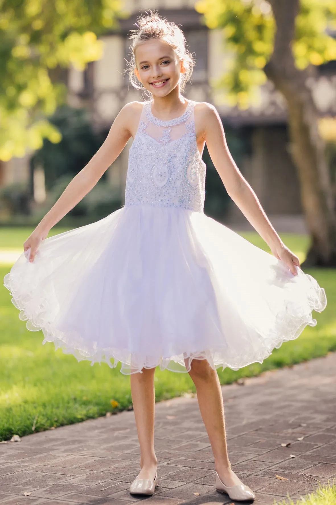 Girls Illusion Halter Neck Sweetheart Beaded Bodice Tulle Flower Girl Junior Bridesmaid Dress, Sizes 4-16