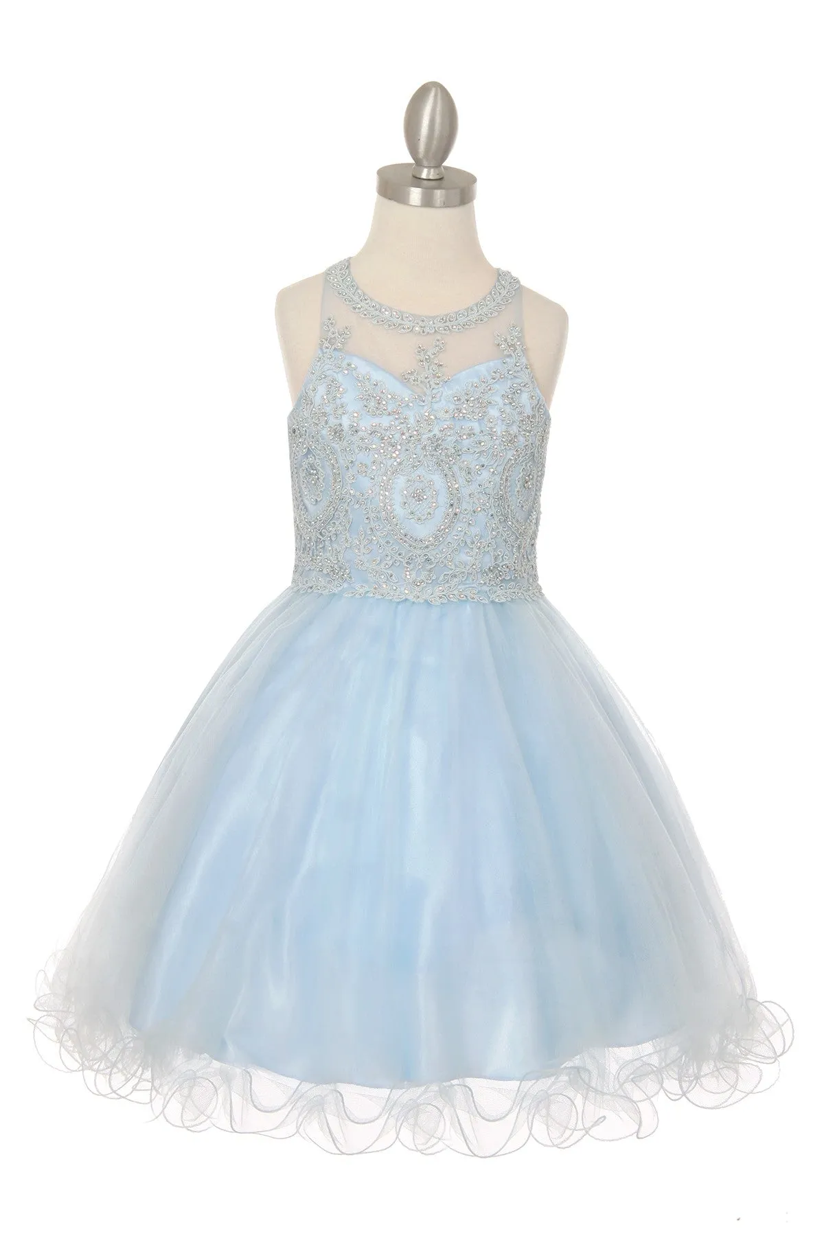 Girls Illusion Halter Neck Sweetheart Beaded Bodice Tulle Flower Girl Junior Bridesmaid Dress, Sizes 4-16