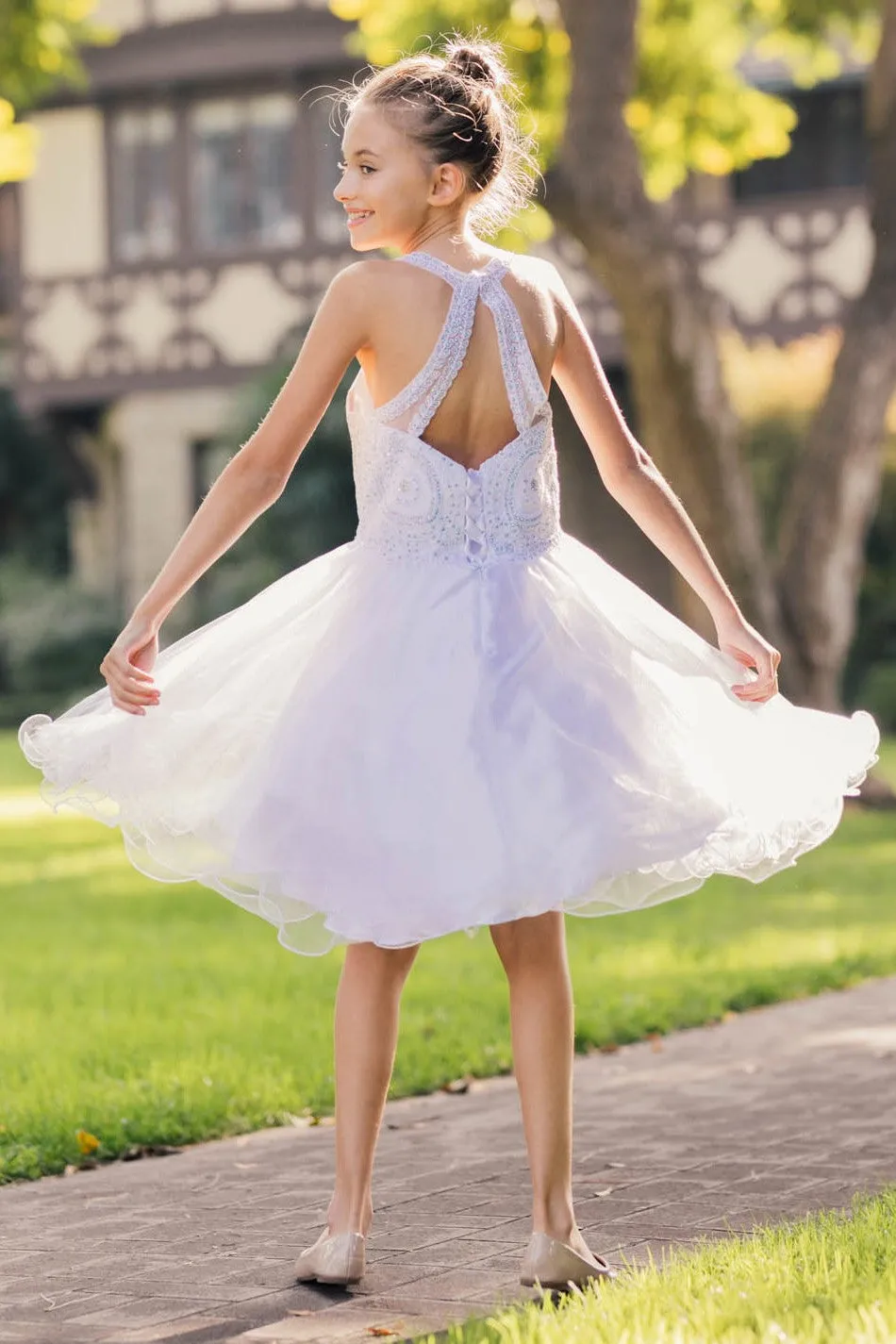 Girls Illusion Halter Neck Sweetheart Beaded Bodice Tulle Flower Girl Junior Bridesmaid Dress, Sizes 4-16