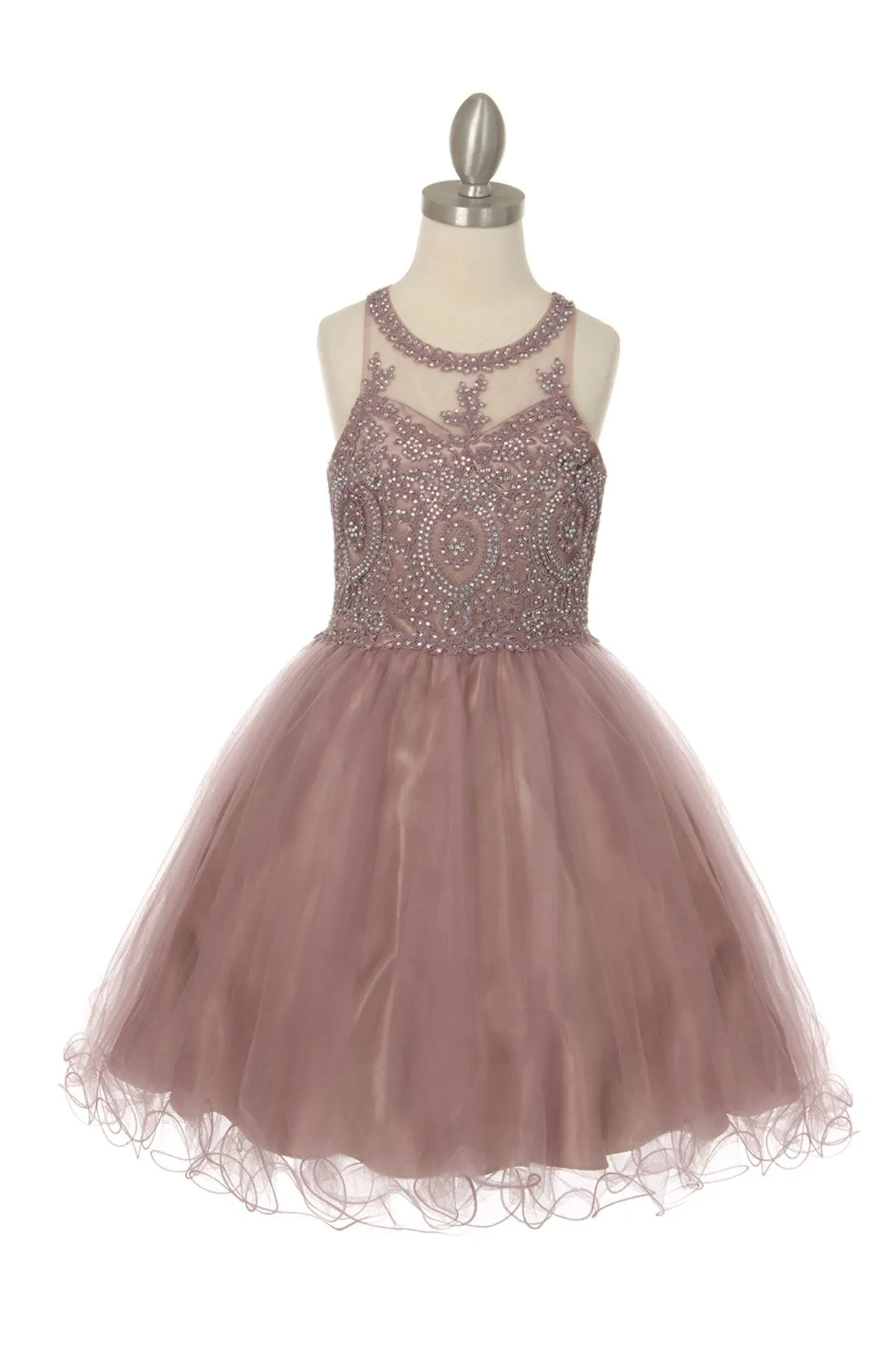 Girls Illusion Halter Neck Sweetheart Beaded Bodice Tulle Flower Girl Junior Bridesmaid Dress, Sizes 4-16